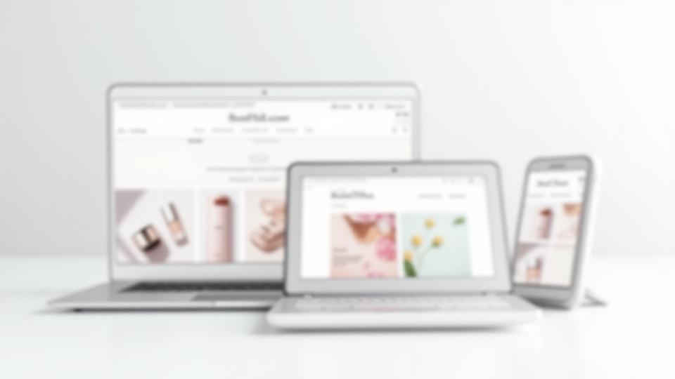 Sleek, modern beauty website displayed across laptop, tablet, and smartphone screens, demonstrating responsive design.