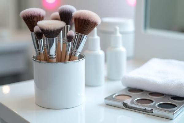 Clean and sterile makeup tools and stations within a modern salon environment.