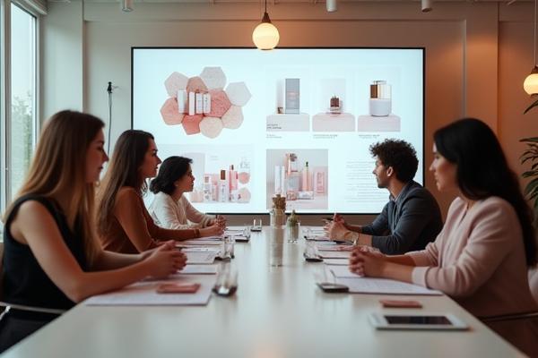 Team of beauty professionals collaborating on a brand strategy session, reviewing market trends and design boards.