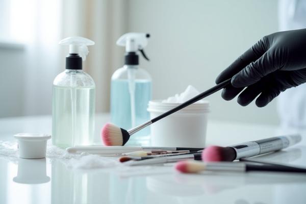 Professional demonstrating sanitary makeup application techniques with clean brushes and sterile products.