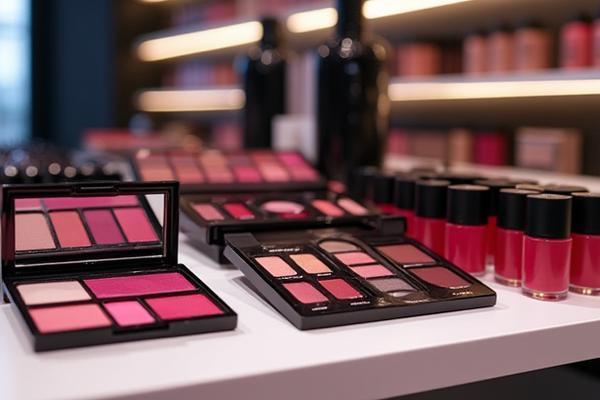 Close-up of various vibrant M·A·C eyeshadows and lipsticks displayed neatly in a high-end boutique setting.