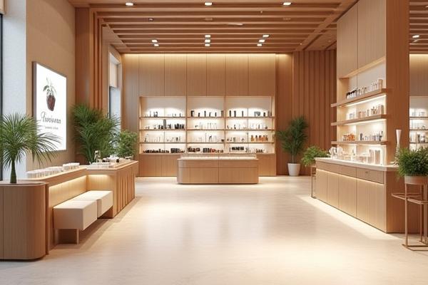 Luxurious and modern beauty retail space interior designed with elegant displays and sophisticated lighting.