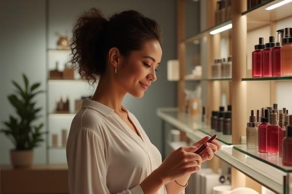 Stylist at a chic salon selecting from a display of high-end beauty products, signifying wholesale distribution.