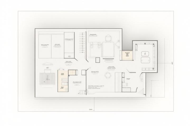 Stylized architectural blueprint of a modern store layout with highlighted zones for customer paths and product displays.