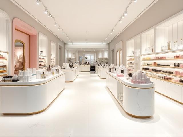 Chic and modern interior of a prestige beauty boutique, soft lighting on makeup displays.
