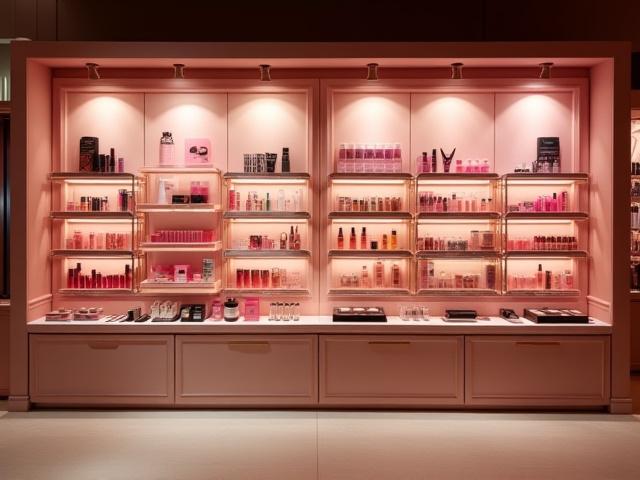 Before and after comparison of a cosmetic display wall, showing improved visual merchandising with new product arrangements and lighting.